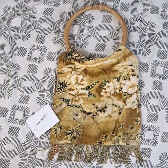 Vintage wood circle handle Hawaiian print beaded tassel fringe retro purse - Picture 16 of 16
